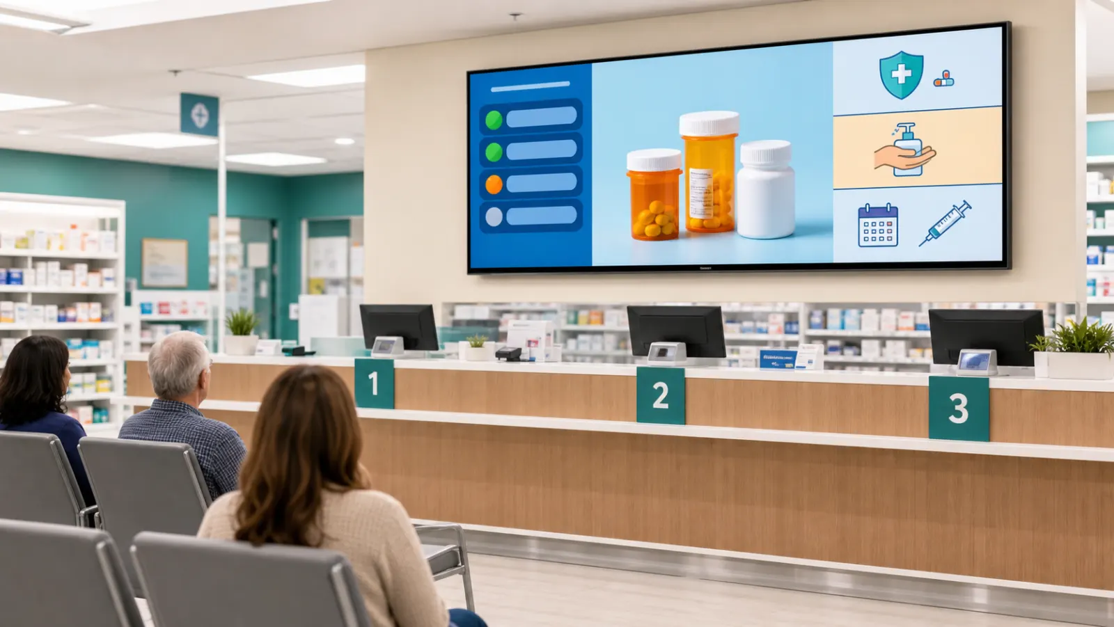 Pantalla en el mostrador de una farmacia