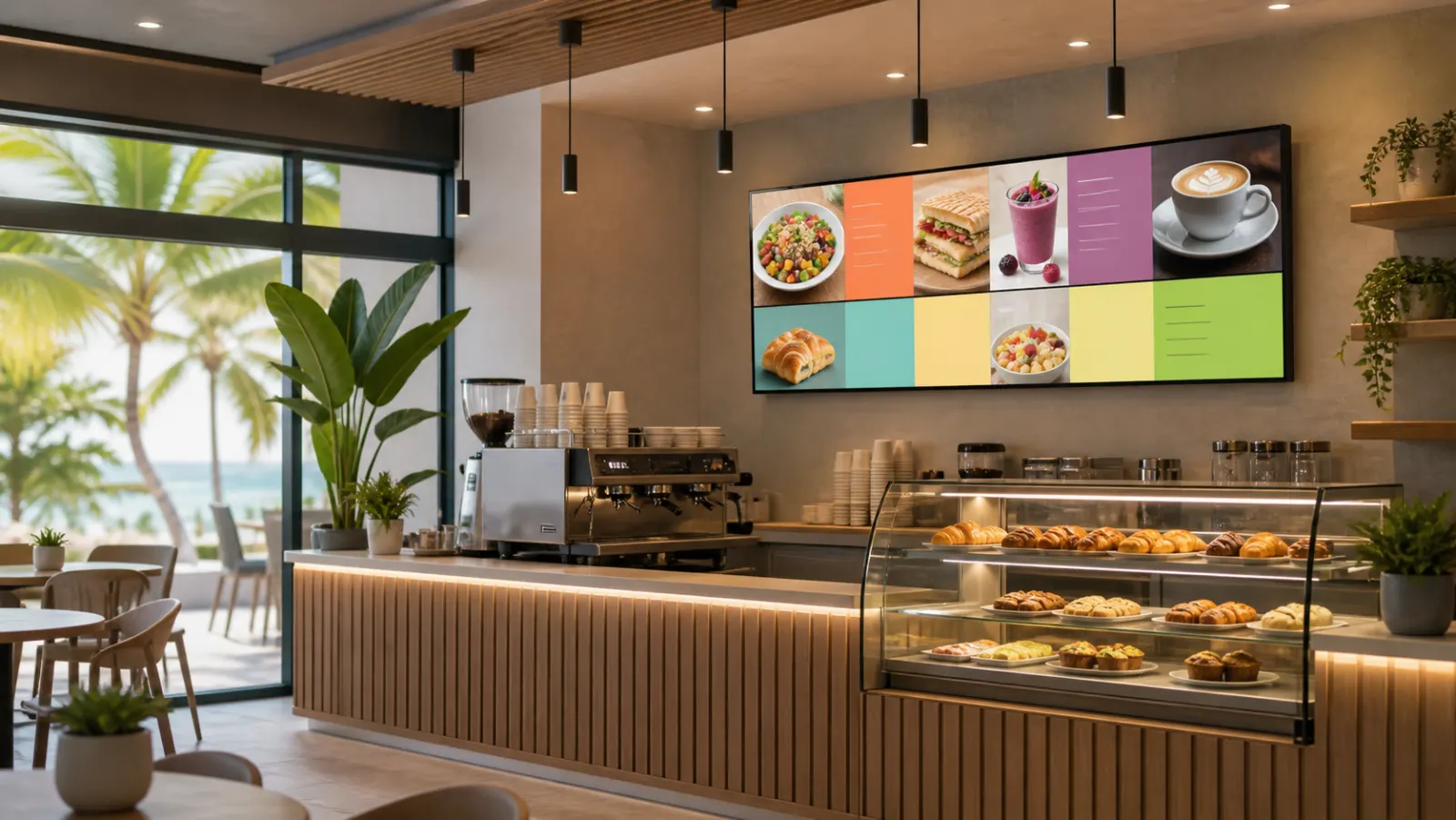Pantalla mostrando el menú en una cafetería